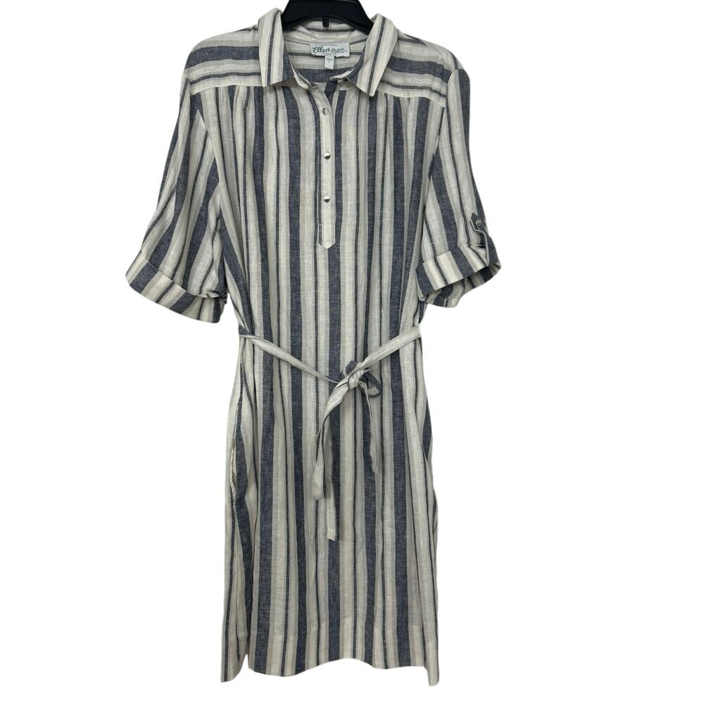 Ellen Orton Coastal Old Money Linen Blend Striped Popover Shirt Dress L Nautical
